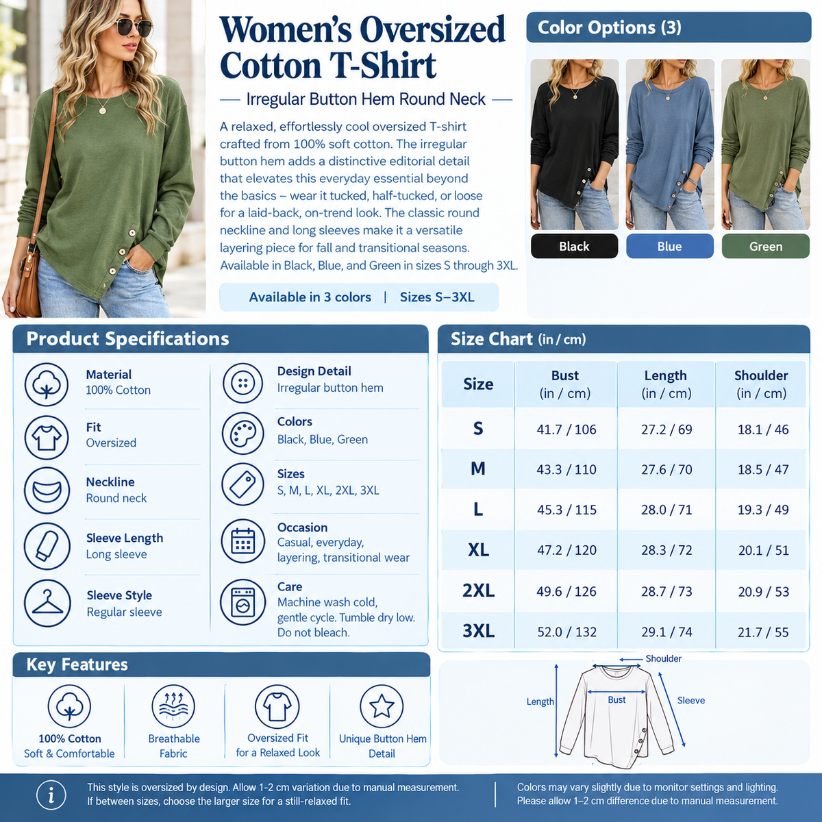 Women's Oversized Cotton T-Shirt – Irregular Button Hem Round Neck