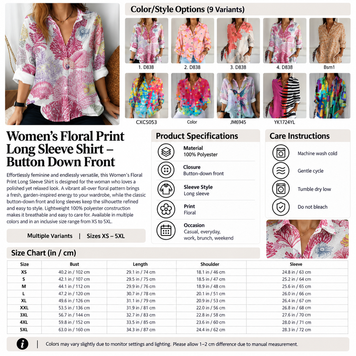 Women's Floral Print Long Sleeve Shirt – Button Down Front