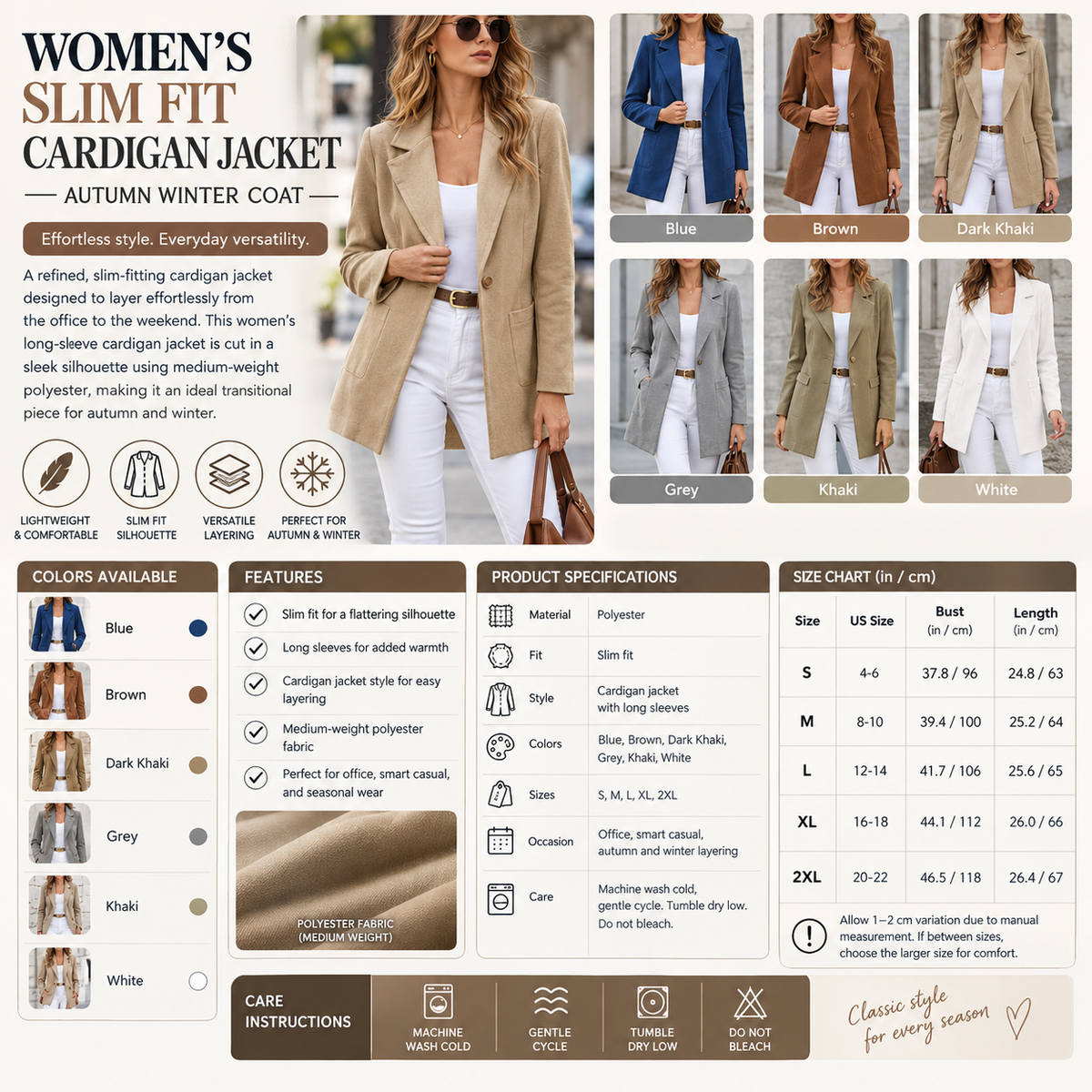 Women's Slim Fit Cardigan Jacket – Autumn Winter Coat