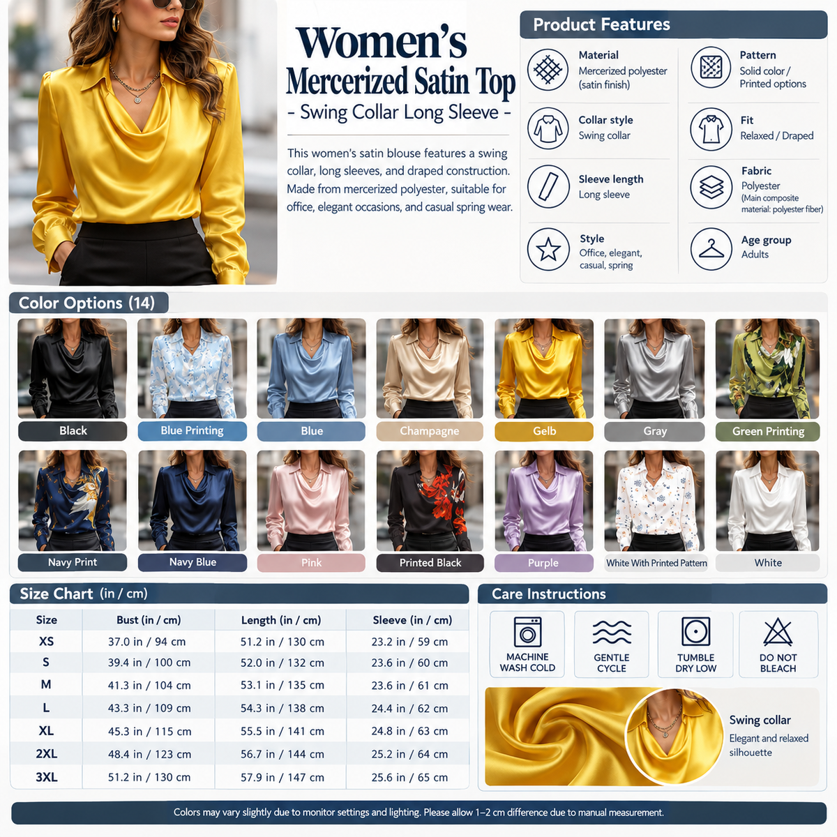 Women's Mercerized Satin Top - Swing Collar Long Sleeve