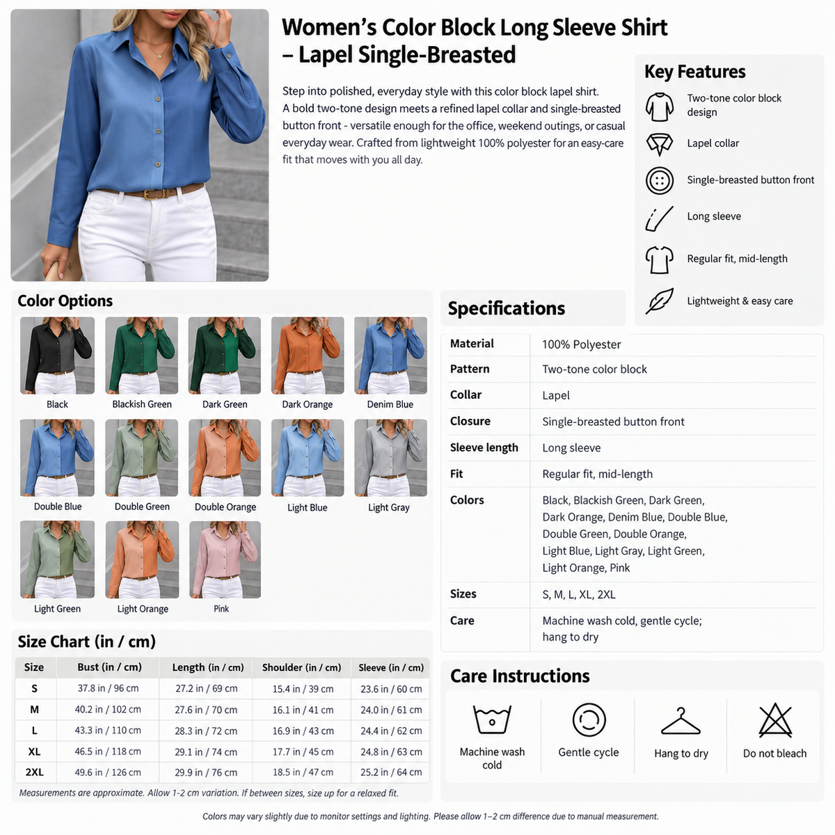 Women's Color Block Long Sleeve Shirt – Lapel Single-Breasted