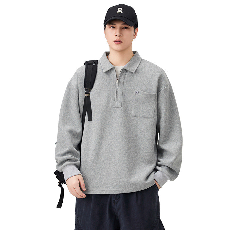 Men's Long-Sleeve Half-Zip Polo Shirt with Chest Pocket