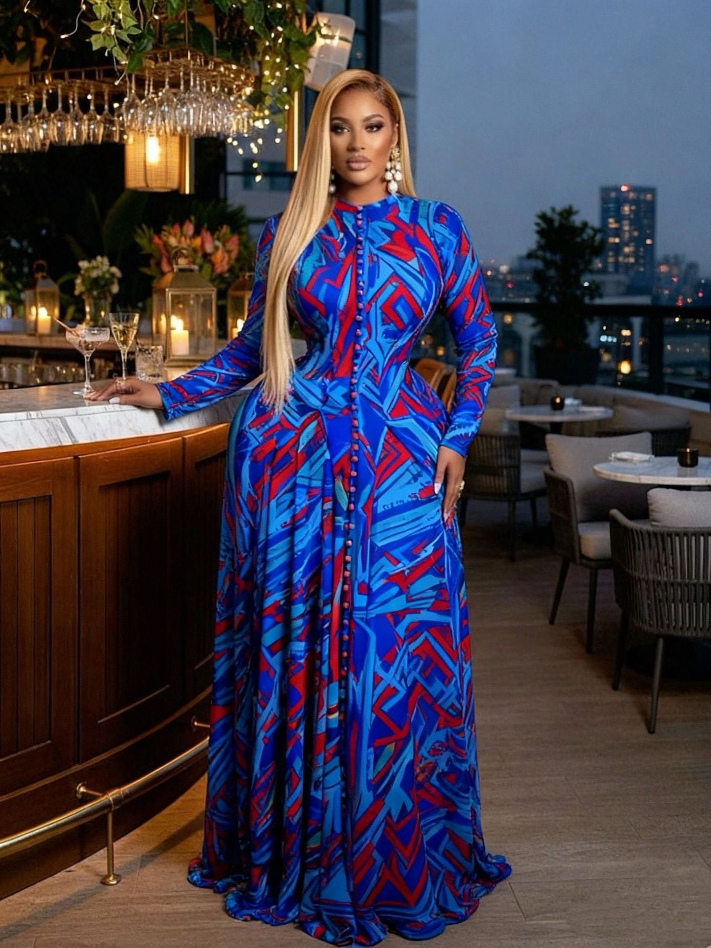 Women's Tie-Dye Print Mesh Maxi Dress - Long Sleeve Round Neck