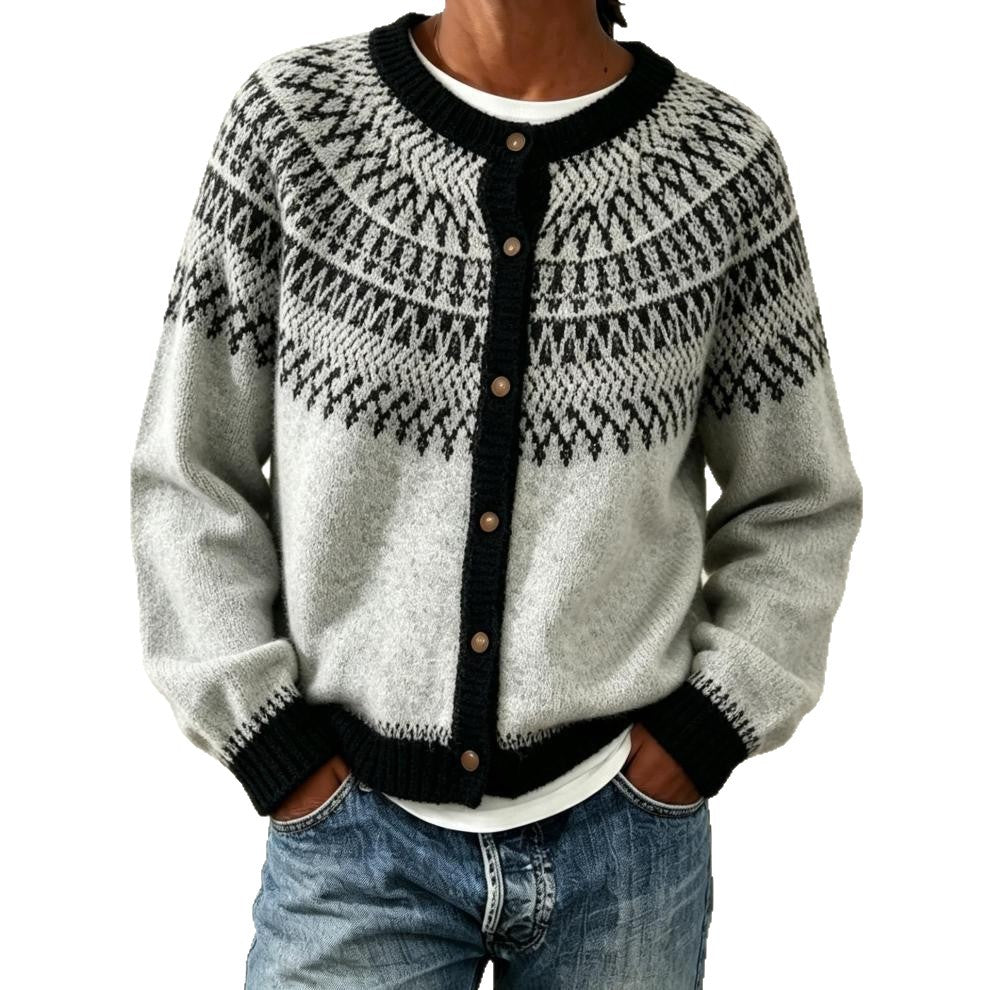 Women's Patterned Button-Front Cardigan - Loose Fit Crew Neck