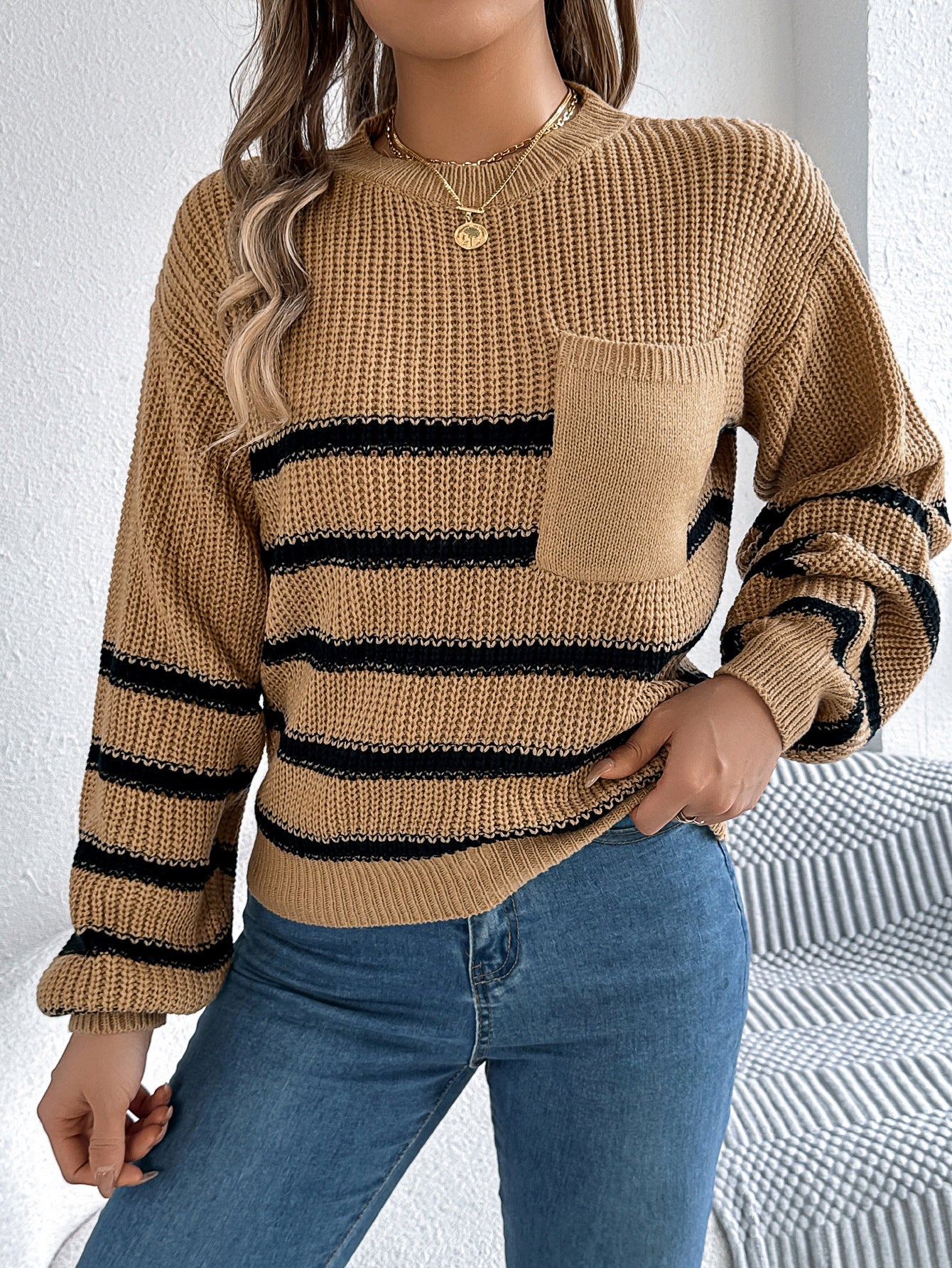Women's Contrast Stripe Sweater - Lantern Sleeves & Pocket Detail