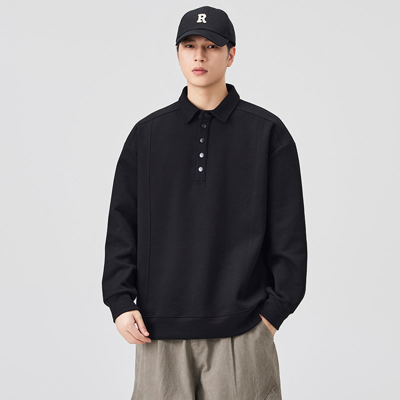 Men's Long Sleeve Polo Shirt - Cotton Blend, Loose Fit
