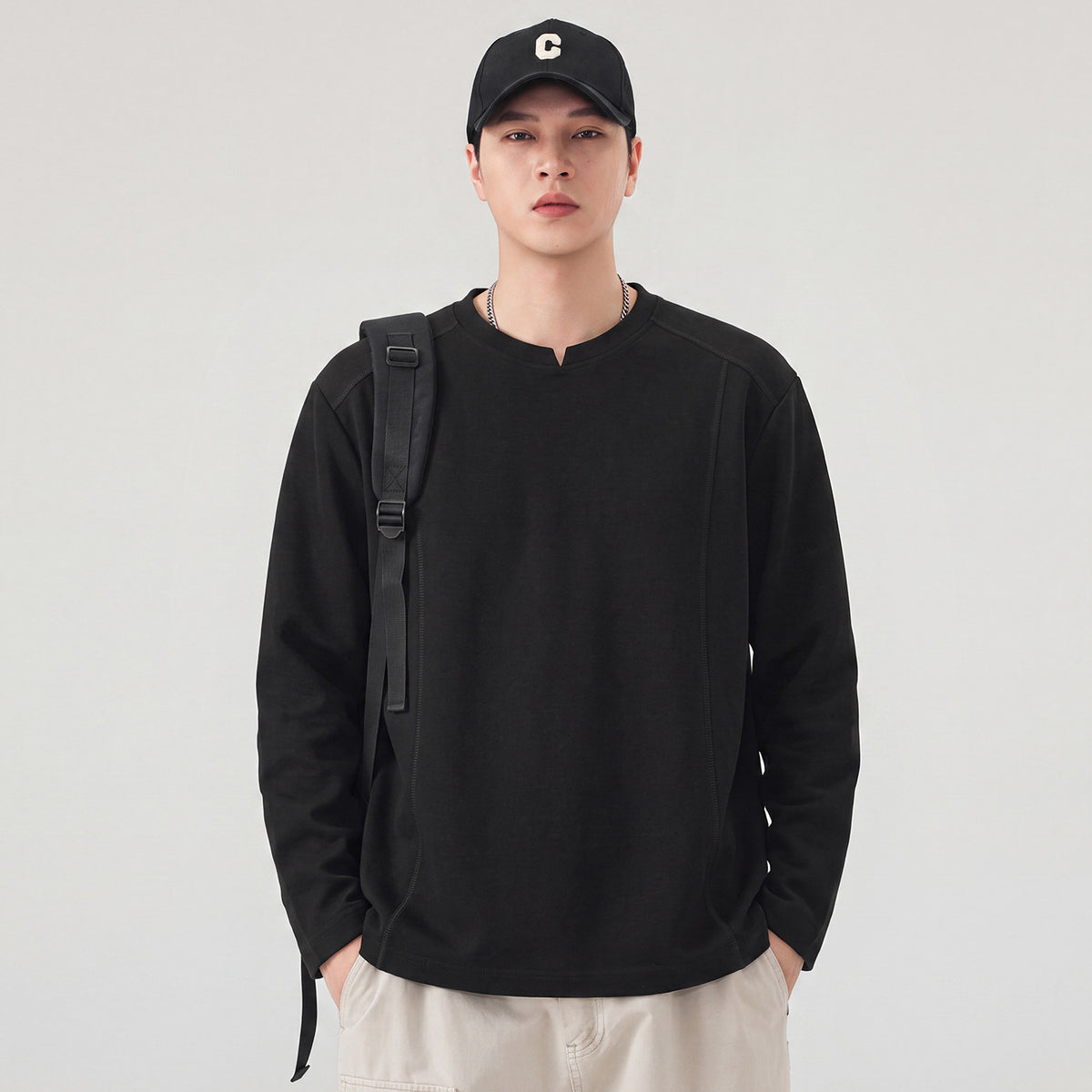 Men's Notched-Neck Long-Sleeve Shirt - Drop Shoulder