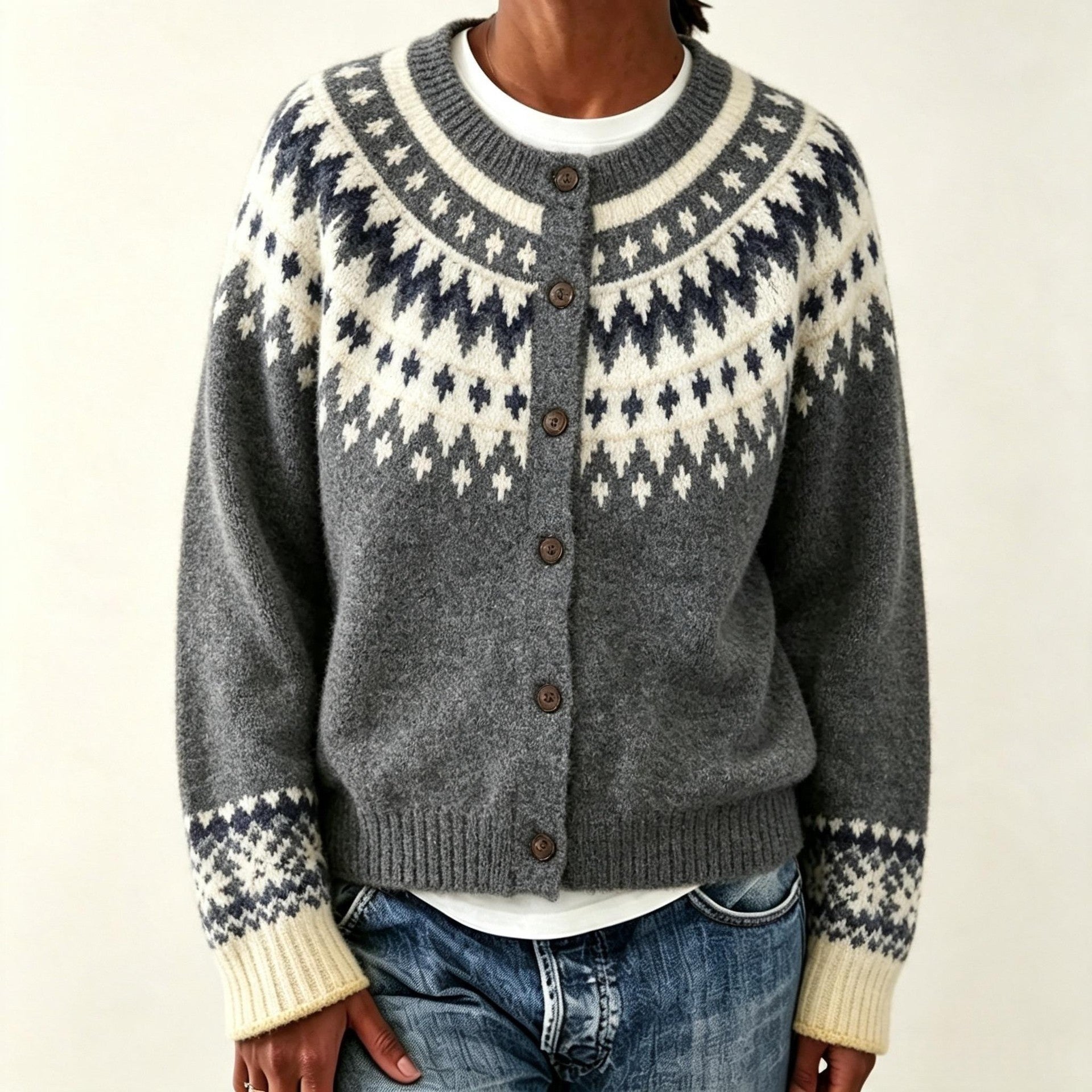 Women's Geometric Jacquard Cardigan - Loose Fit Button Front