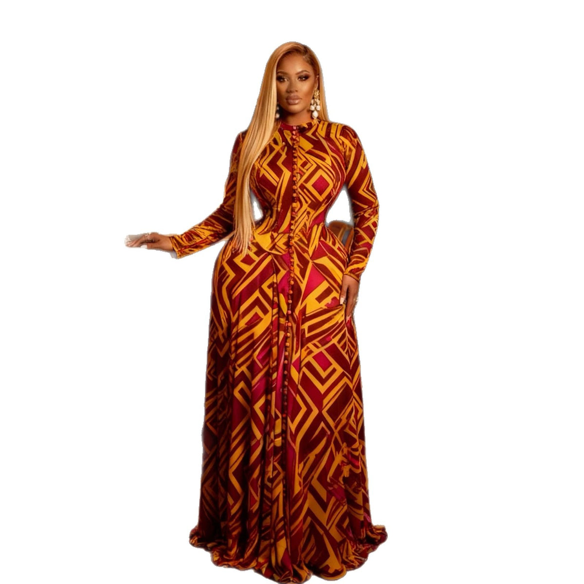 Women's Tie-Dye Print Mesh Maxi Dress - Long Sleeve Round Neck
