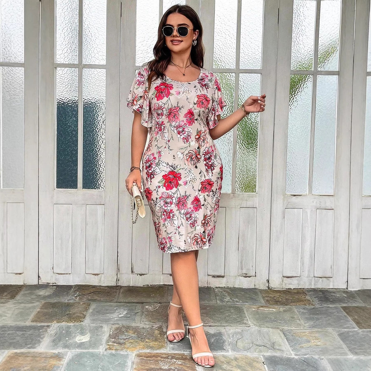 Women's Plus Size Pink Floral Midi Dress - Short Sleeve A-Line