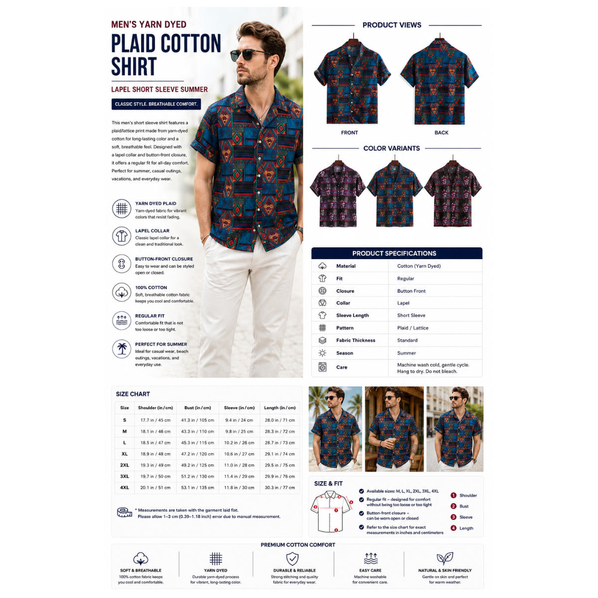 Men's Yarn Dyed Plaid Cotton Shirt – Lapel Short Sleeve Summer