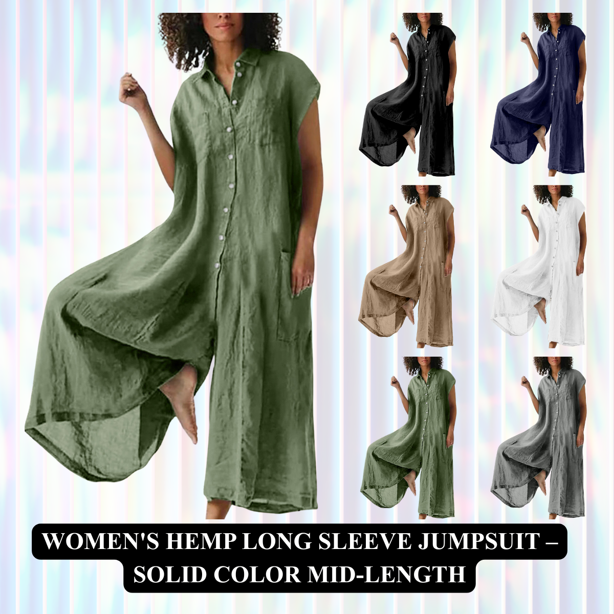 Women's Hemp Long Sleeve Jumpsuit – Solid Color Mid-Length