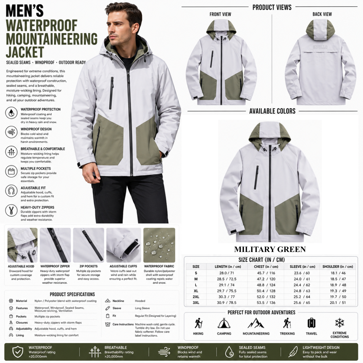 Men's Waterproof Windproof Mountaineering Jacket – Sealed Seams Hooded