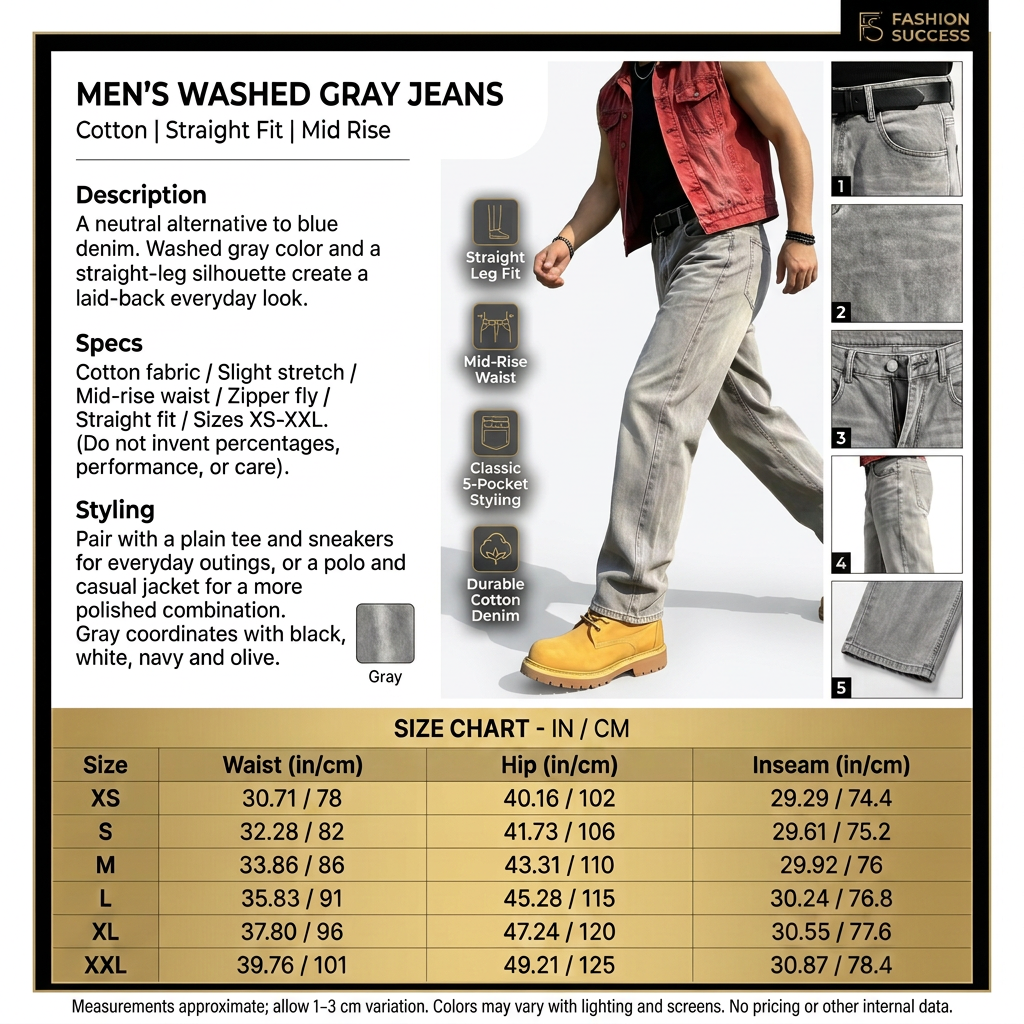 Men's Washed Gray Cotton Jeans - Straight Fit, Mid Rise