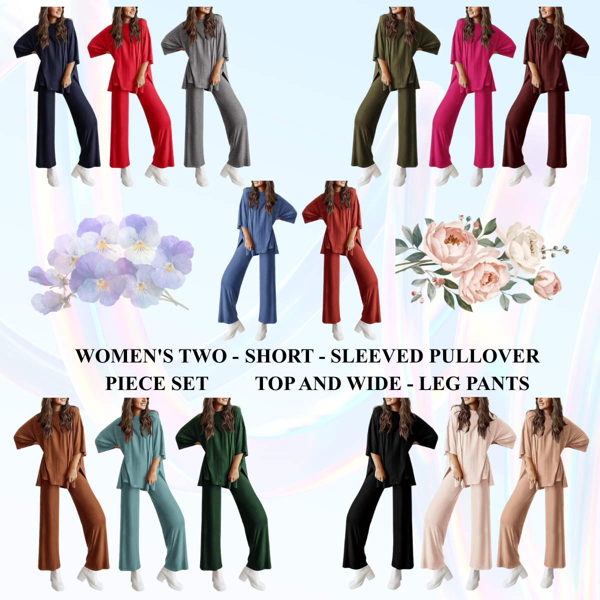 Women's Short Sleeve Pullover Top and Wide Leg Pants Set