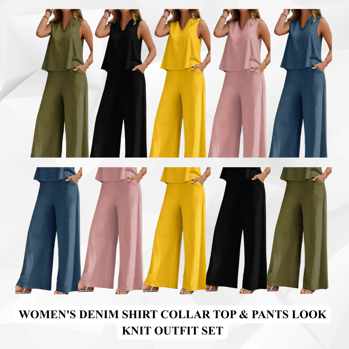 Women's Denim Shirt Collar Top & Pants Look Knit Outfit Set