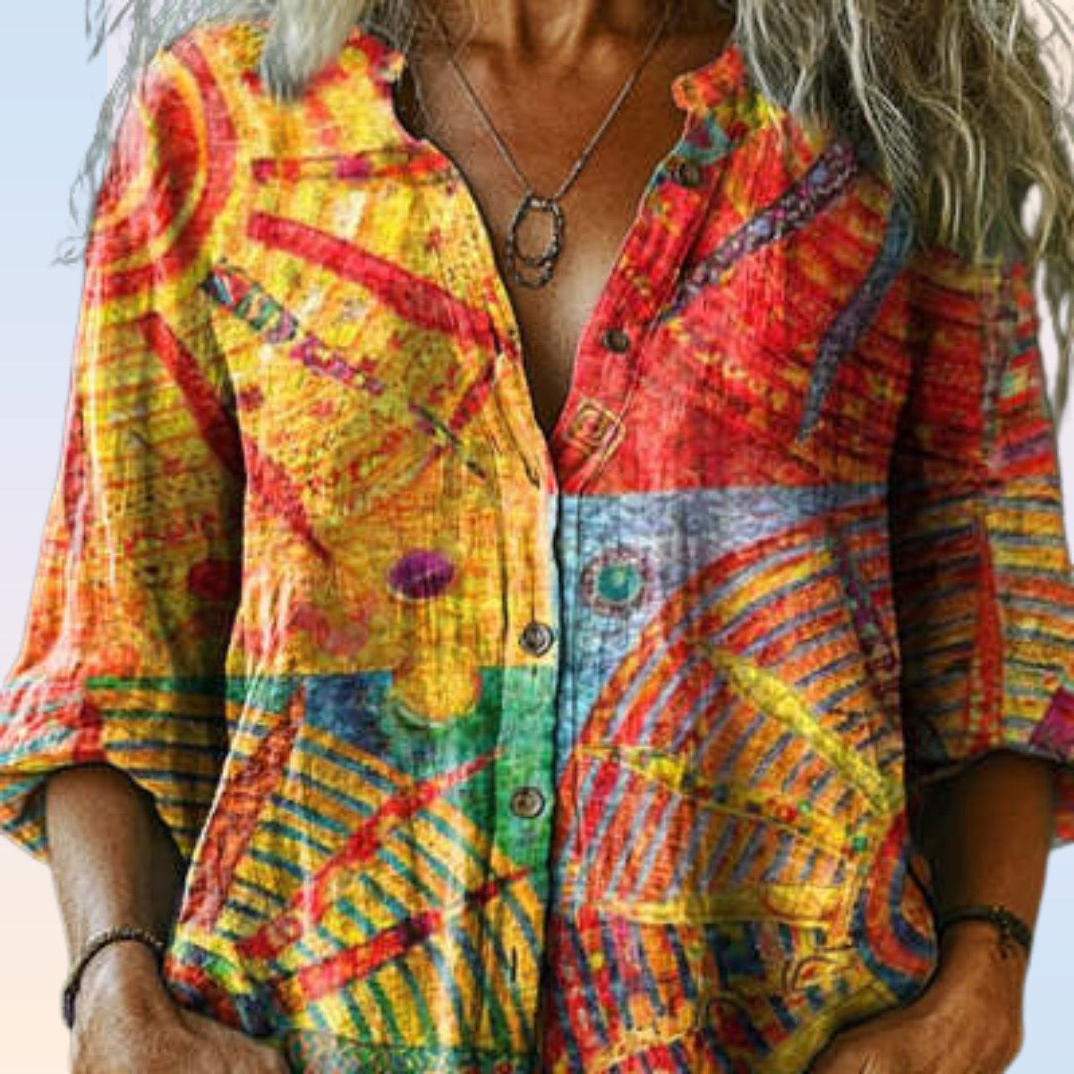 Women's Digital Print Linen Long Sleeve Blouse