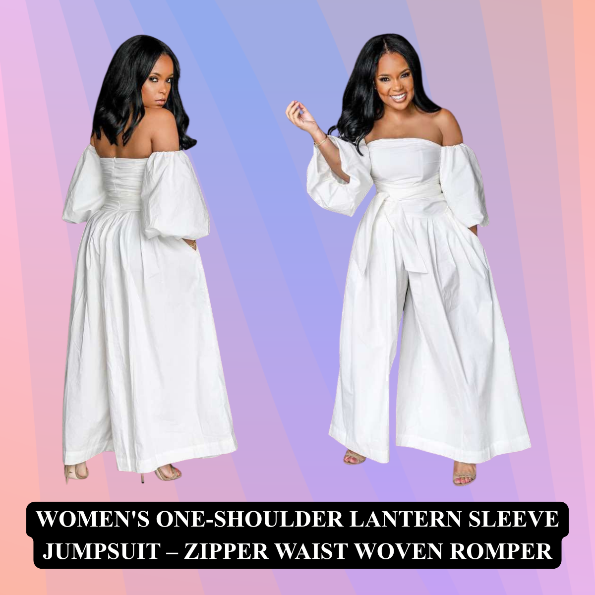 Women's One-Shoulder Lantern Sleeve Jumpsuit – Zipper Waist Woven Romper