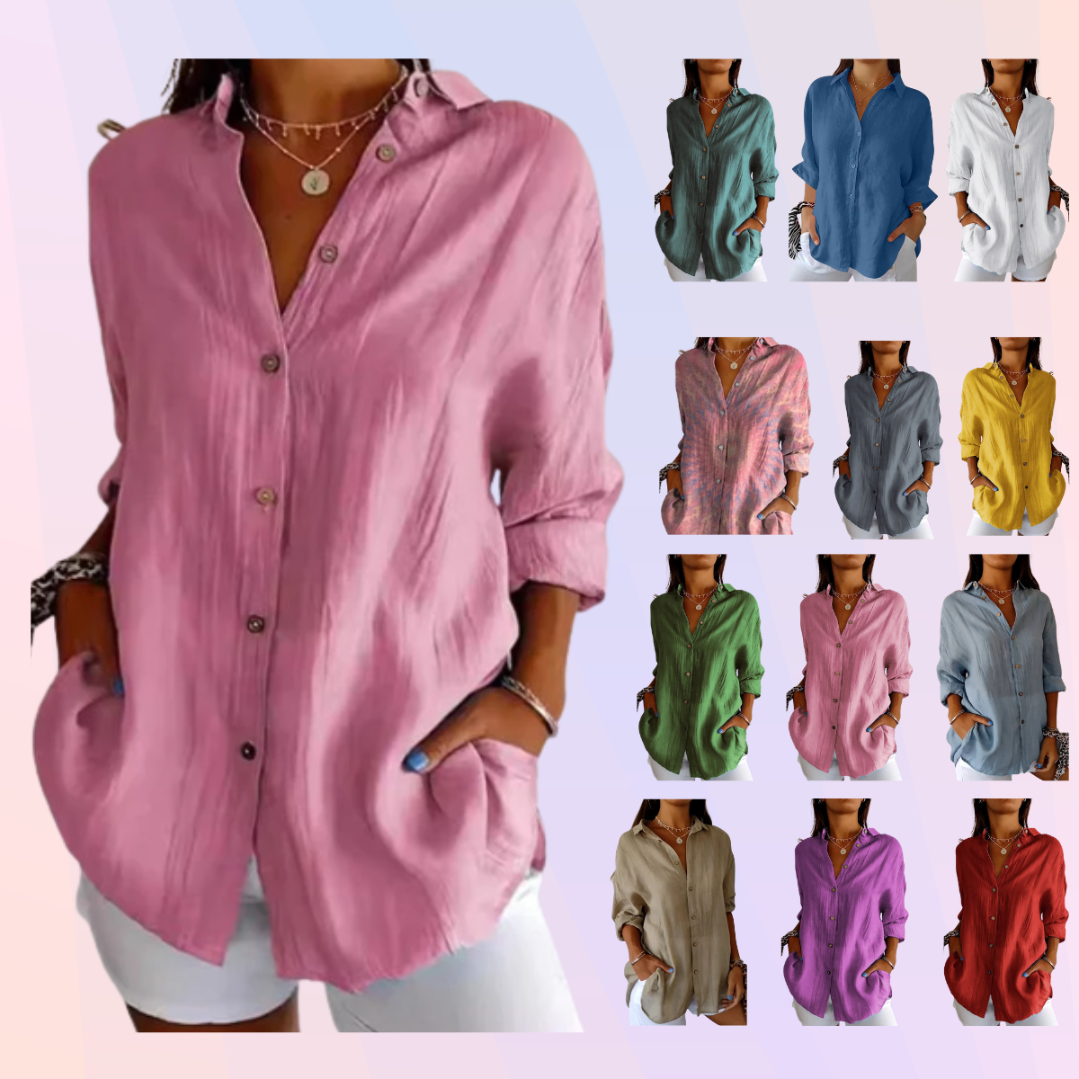 Women's Pleated Front Long Sleeve Shirt – Lapel Collar Button Up