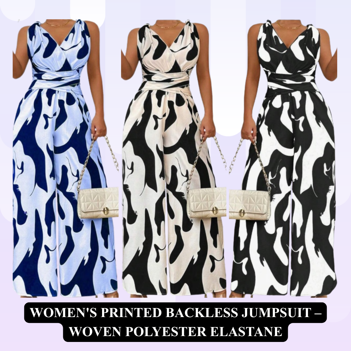 Women's Printed Backless Jumpsuit – Woven Polyester Elastane
