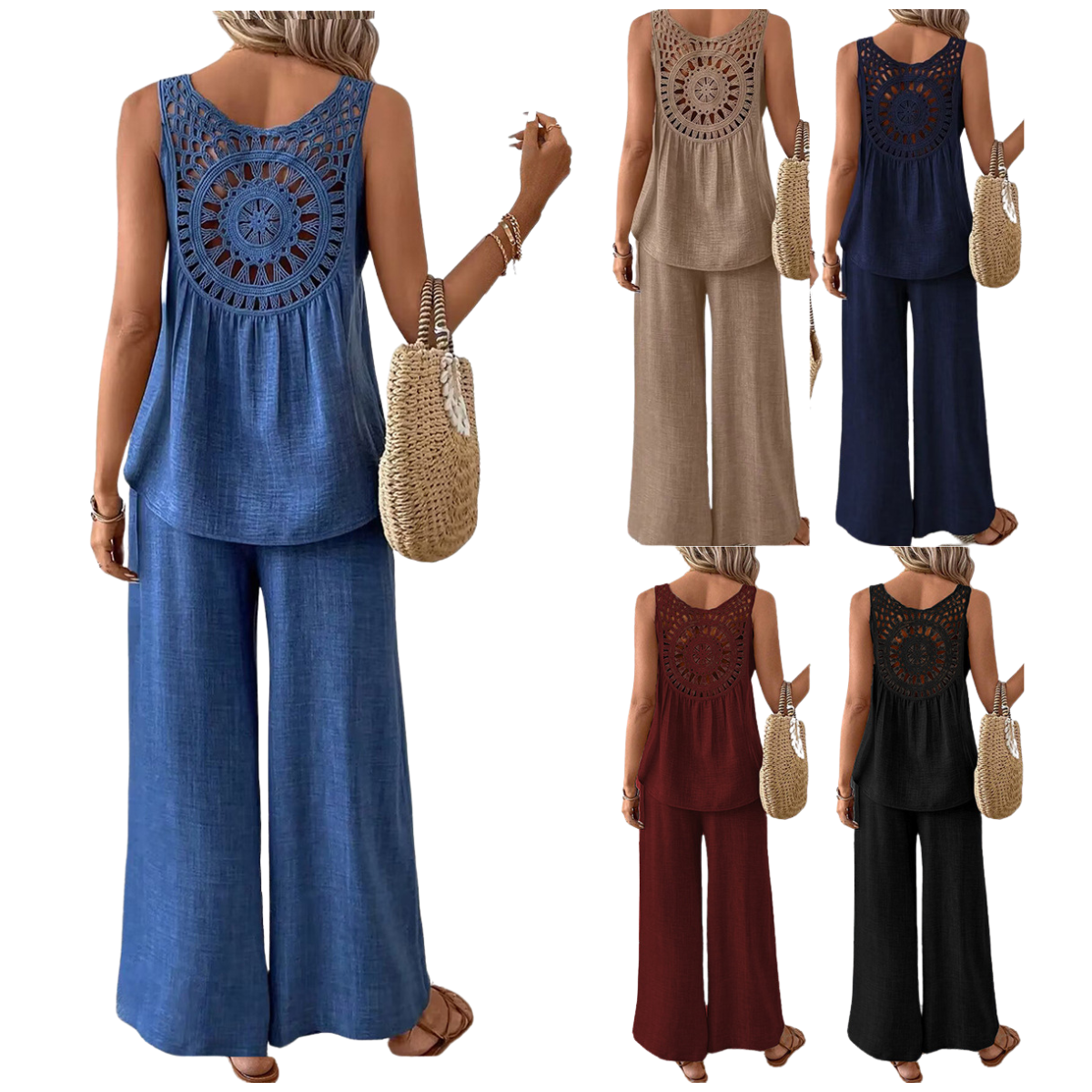 Women's Sleeveless Solid Color Set Lace Suit