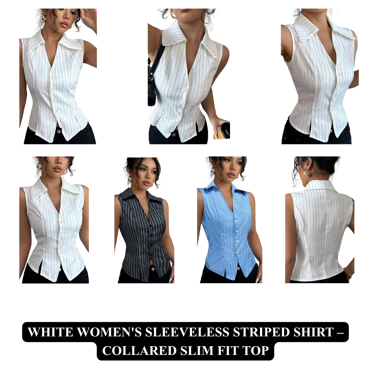 Women's Sleeveless Striped Shirt – Collared Slim Fit Top