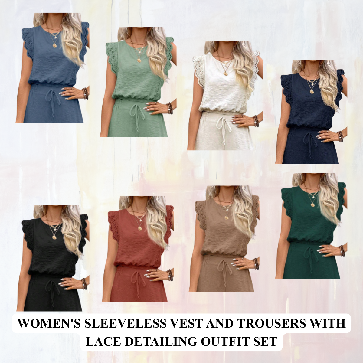 Women's Sleeveless Vest and Trousers Set – Lace Detail Two-Piece Outfit