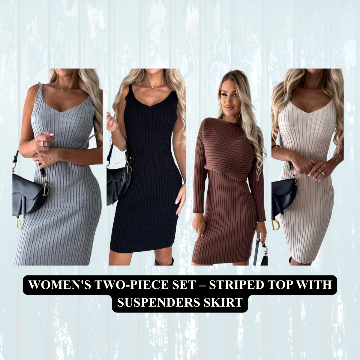Women's Two-Piece Set – Striped Top with Suspenders Skirt