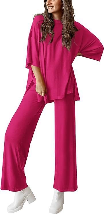 Women's Short Sleeve Pullover Top and Wide Leg Pants Set