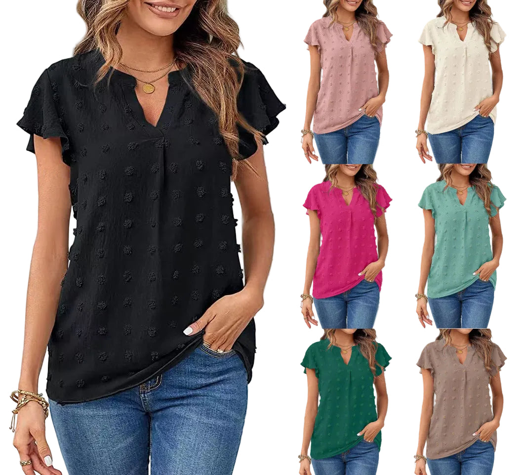 Women's V-Neck Ruffle Short Sleeve Chiffon Blouse