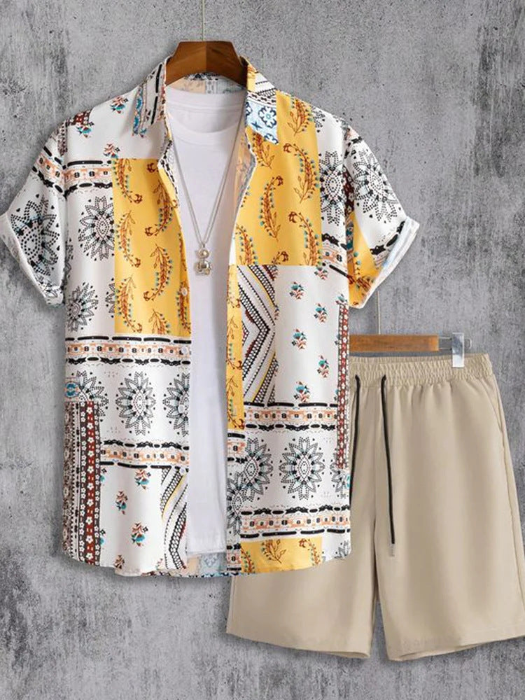 Men's 3D Print Short Set | Lapel Collar Short Sleeve & Shorts Outfit