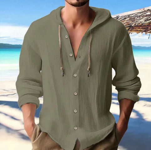 Men's Cotton Linen Hooded Shirt | Button Down Long Sleeve Sweater