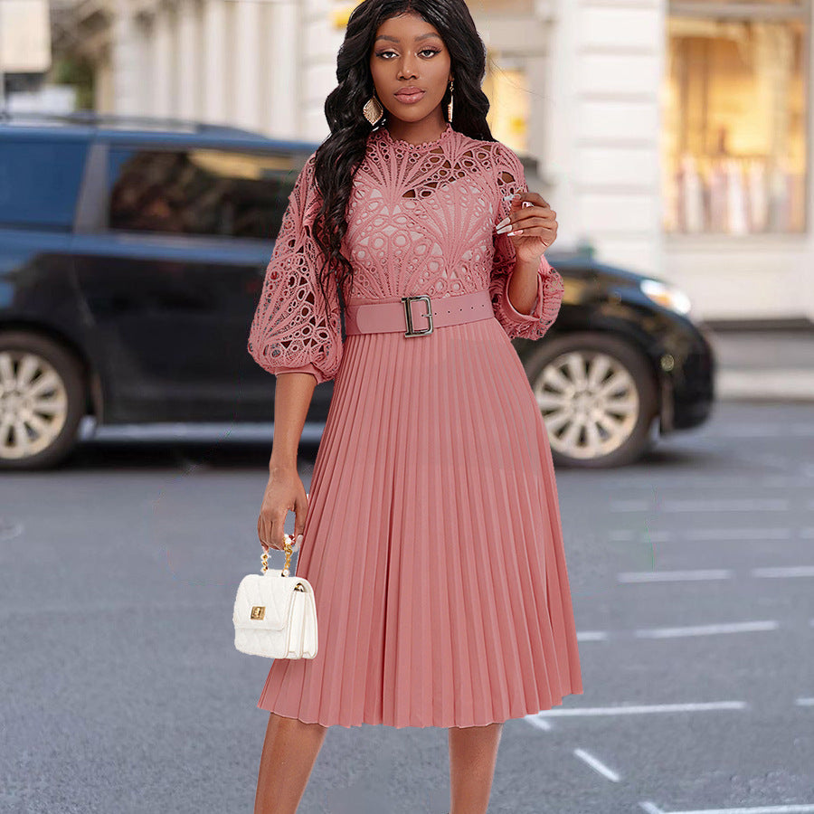Plus Size African Dress | Lace Stitching Pleated Hollow-Out Design