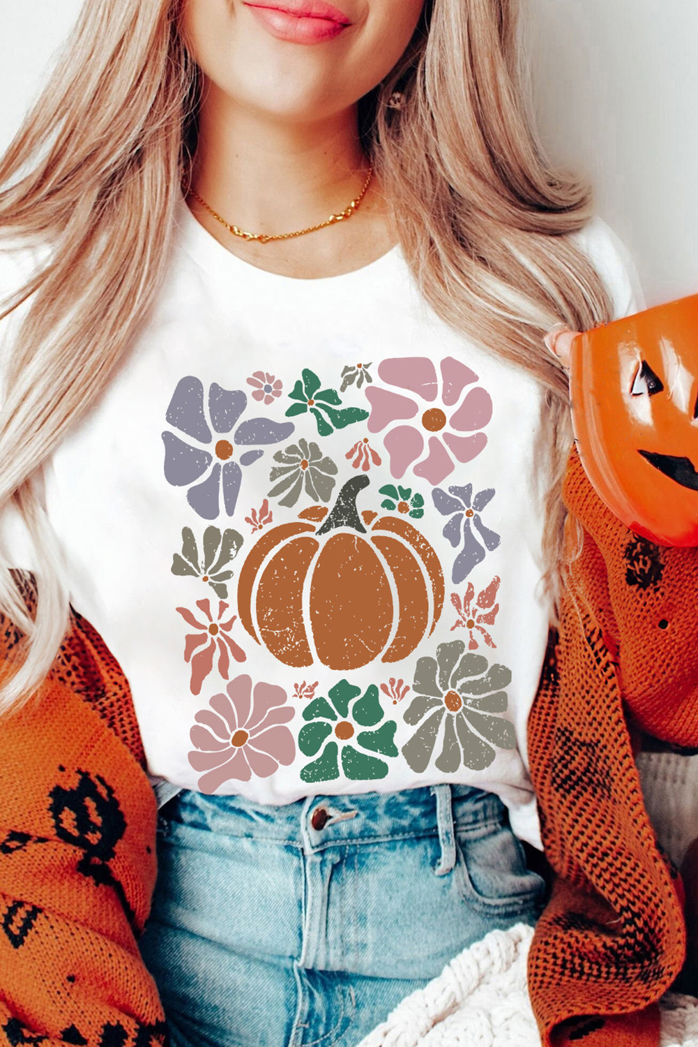 Women's White Graphic Tee | Flower Pumpkin Distressed Print