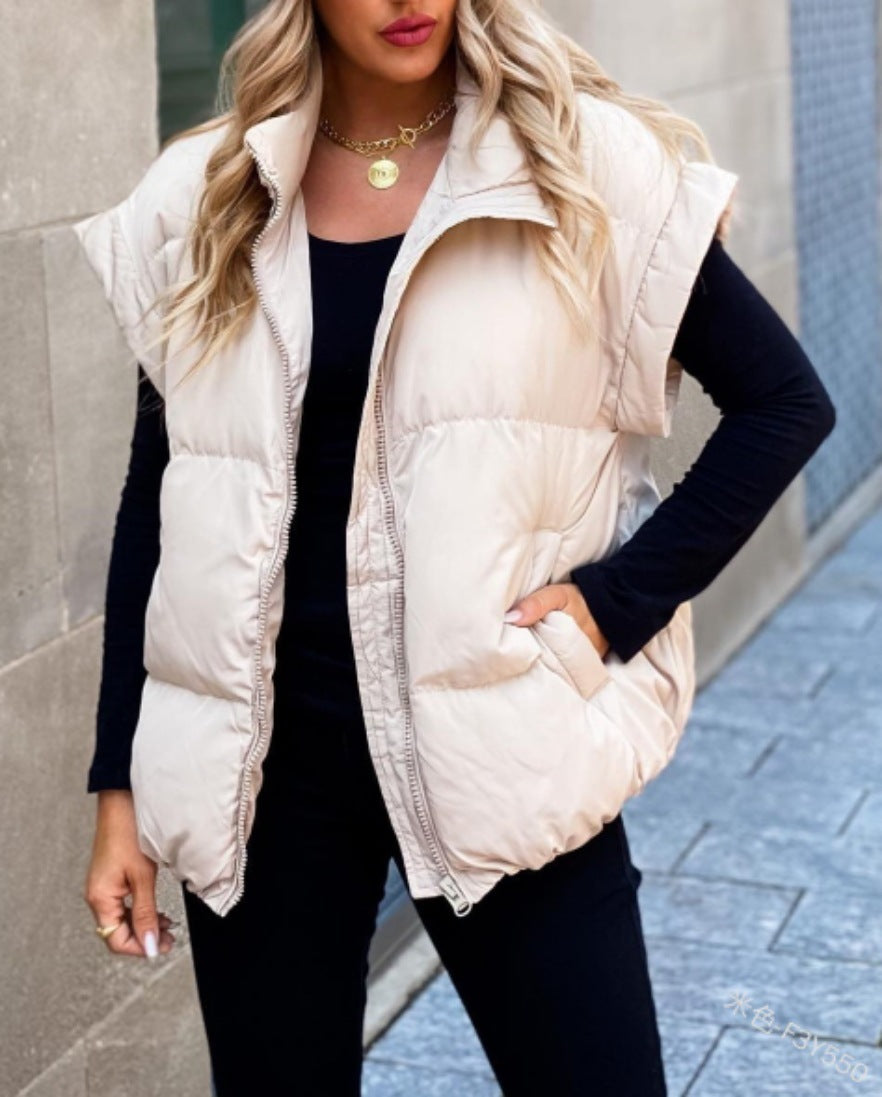 Women's Solid Color Quilted Vest | Stand Collar Zip Pocket Coat