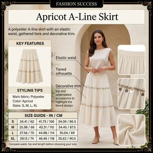 Apricot A-line skirt infographic with model, detail close-ups and size chart