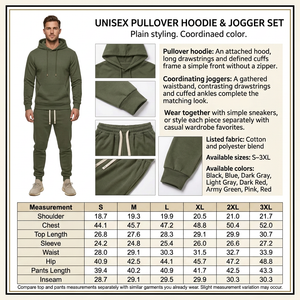Army Green hoodie and jogger set infographic with male model