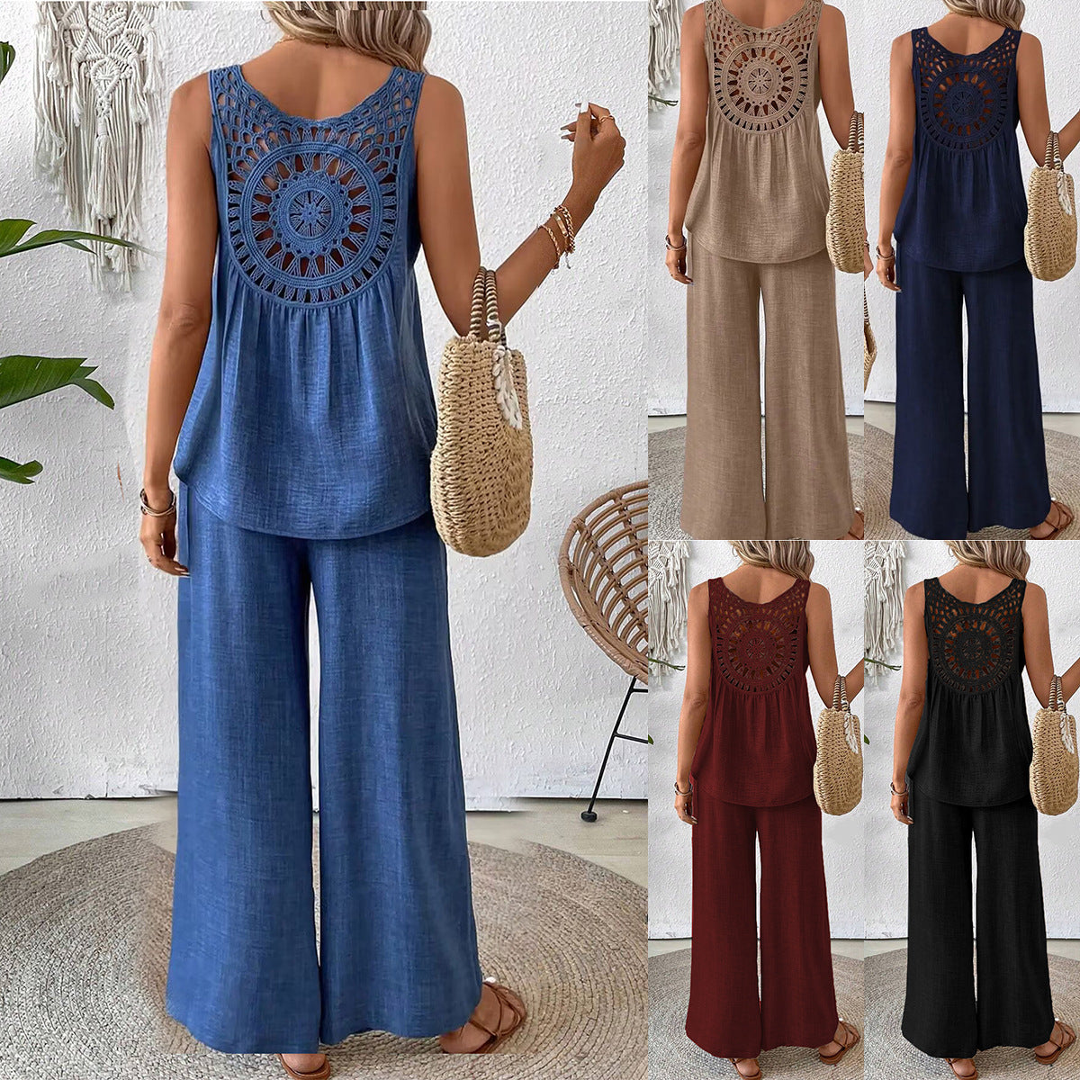 Women's Backless Lace Suit | Sleeveless Solid Color Set