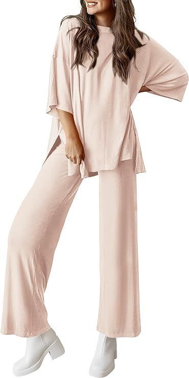 Women's Short Sleeve Pullover Top and Wide Leg Pants Set