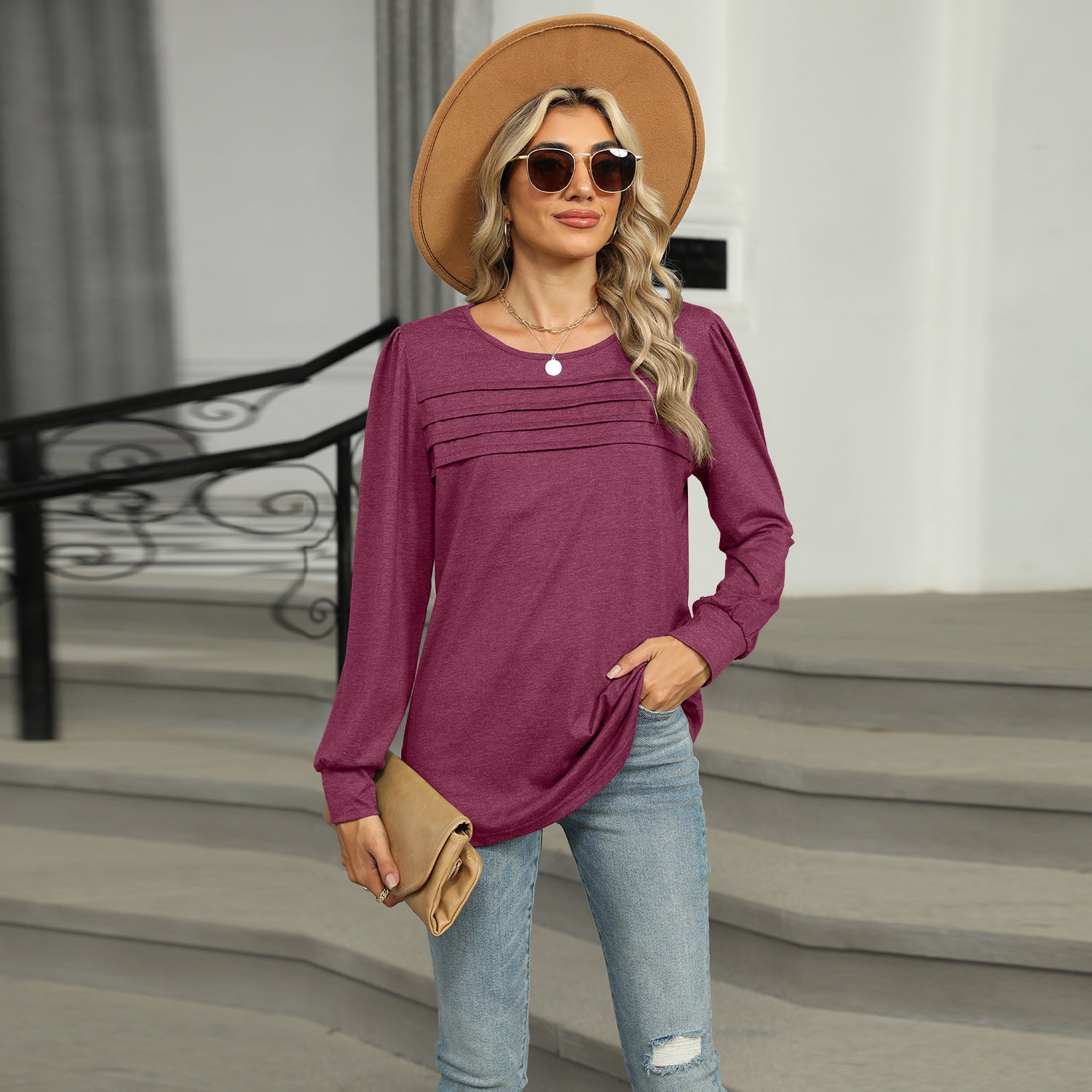 Women's Pleated Long Sleeve Solid Color Top