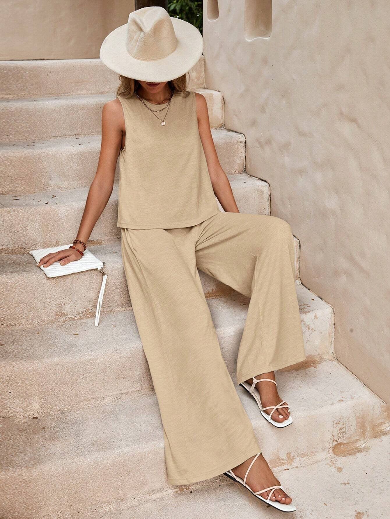Women's Solid Color Casual Two-Piece Outfit Set