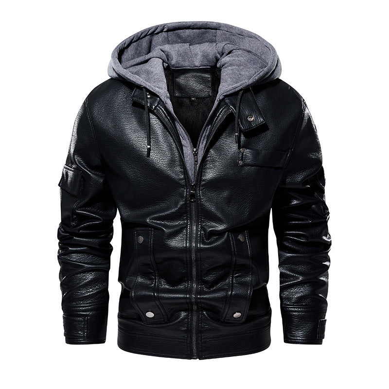 Men's PU Leather Hooded Coat – Loose Fit Insulated Winter Jacket
