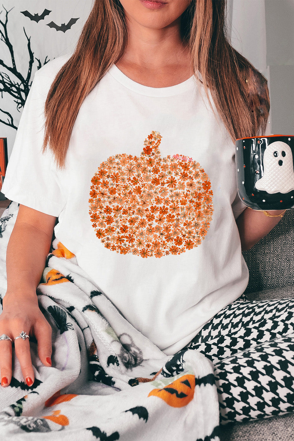 Women's White Graphic Tee | Custom Floral Pumpkin Print