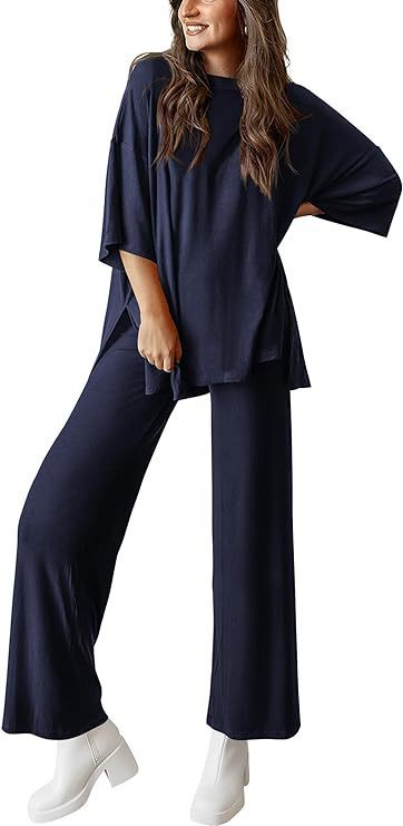 Women's Short Sleeve Pullover Top and Wide Leg Pants Set