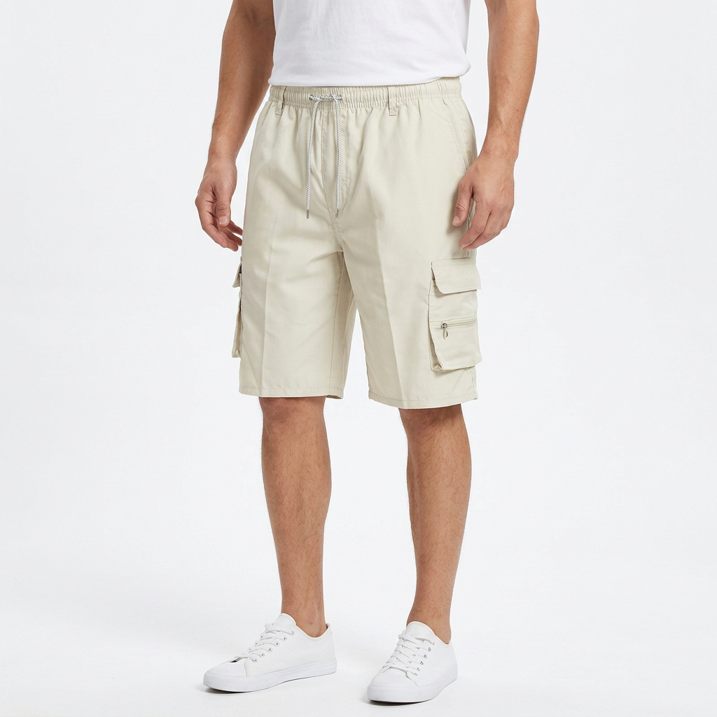 Beige work shorts on a male model