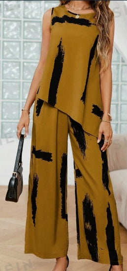 Women's Printed Sleeveless Set | Round Neck Top & Long Pants Outfit
