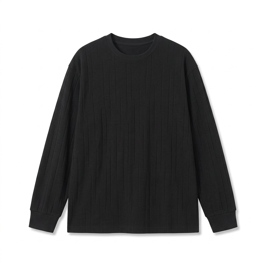 Black textured crewneck shirt, model removal