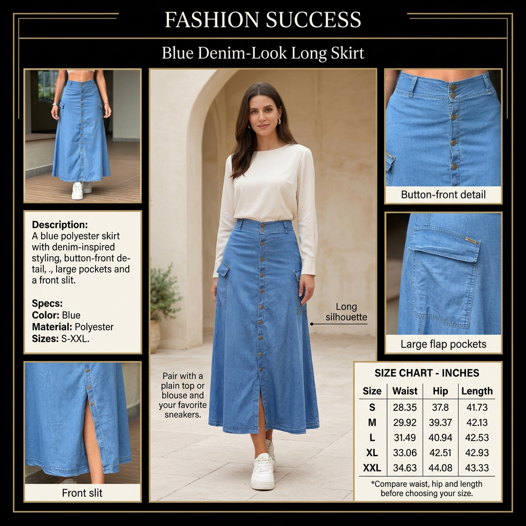 Blue denim-look skirt infographic with preferred model and size chart