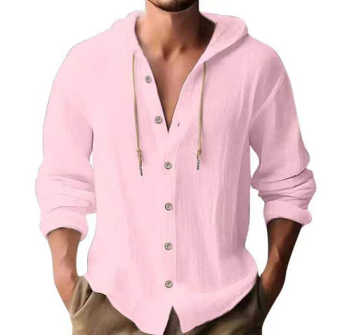 Men's Cotton Linen Hooded Shirt | Button Down Long Sleeve Sweater