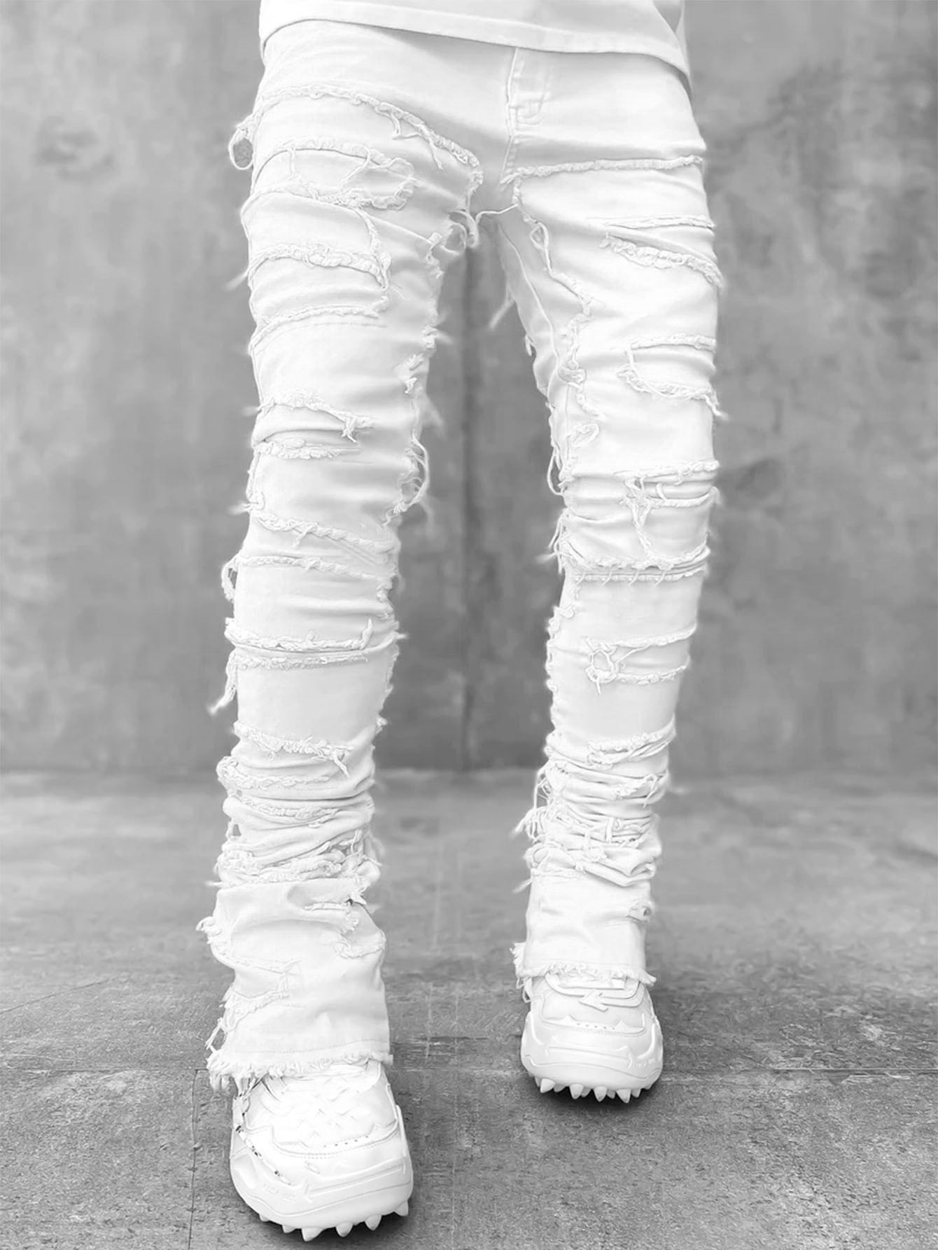 Men's Stacked Skinny Jeans | Patched Slim Fit Cotton Trousers